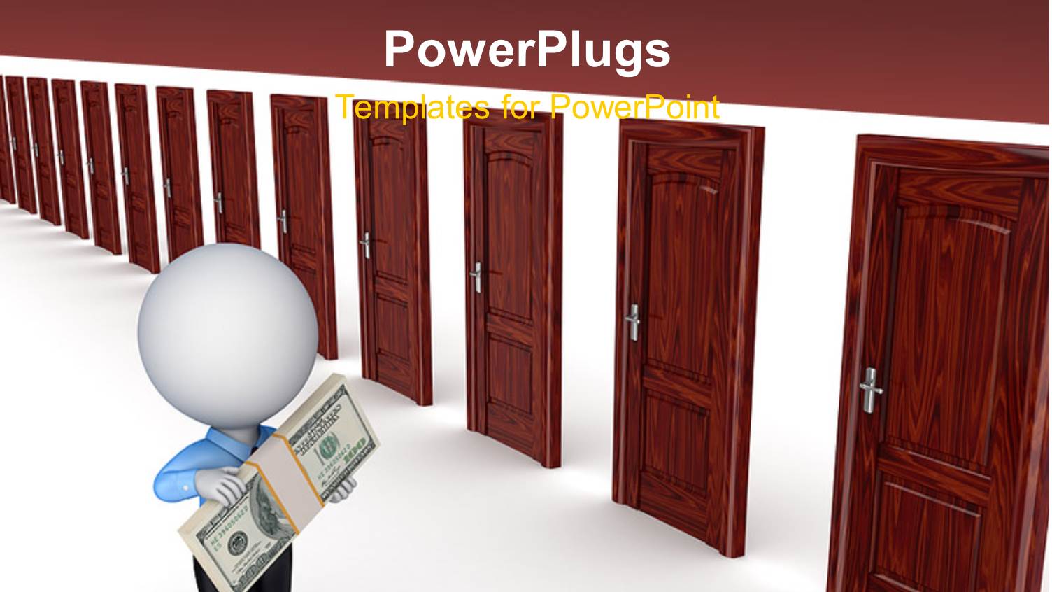 3D Man Holding Stack of Dollar Bills Faced with Multiple Doors