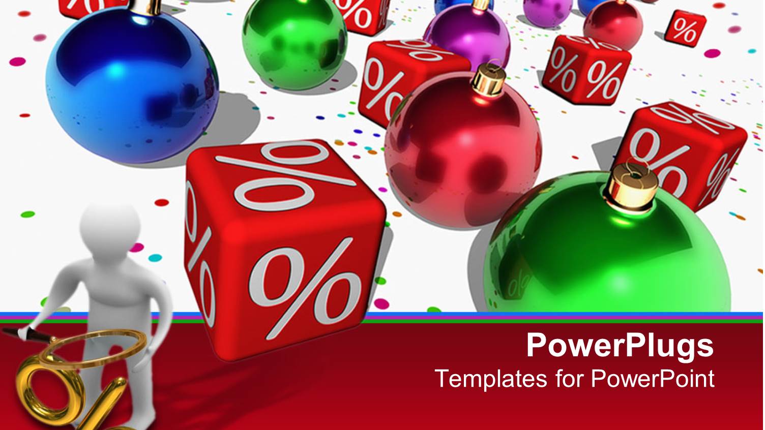 3D Man Holds Magnifying Glass Over Percentage Symbol with Christmas Ornaments