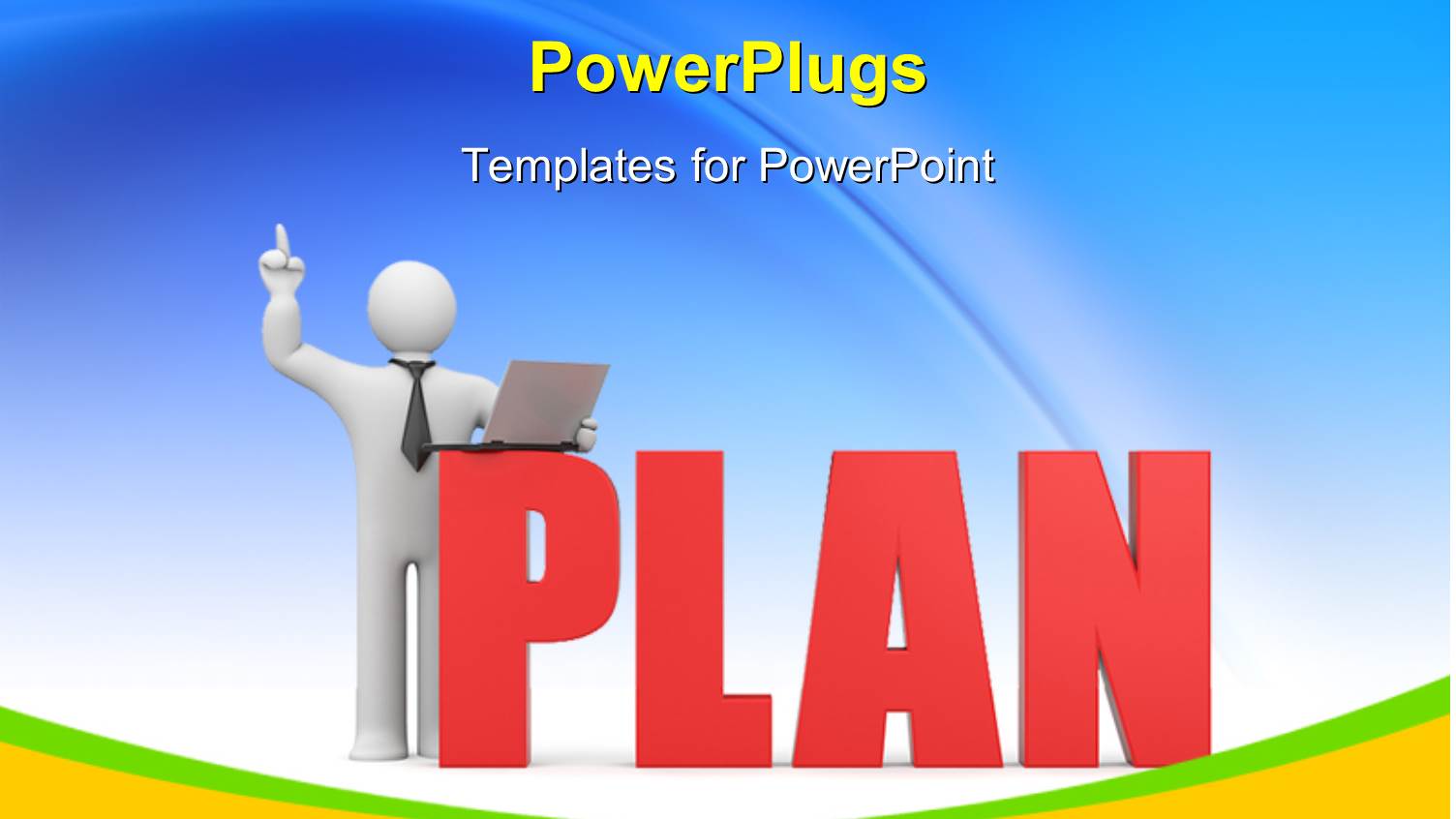 3D Man with Laptop Over Blue Background with Text PLAN