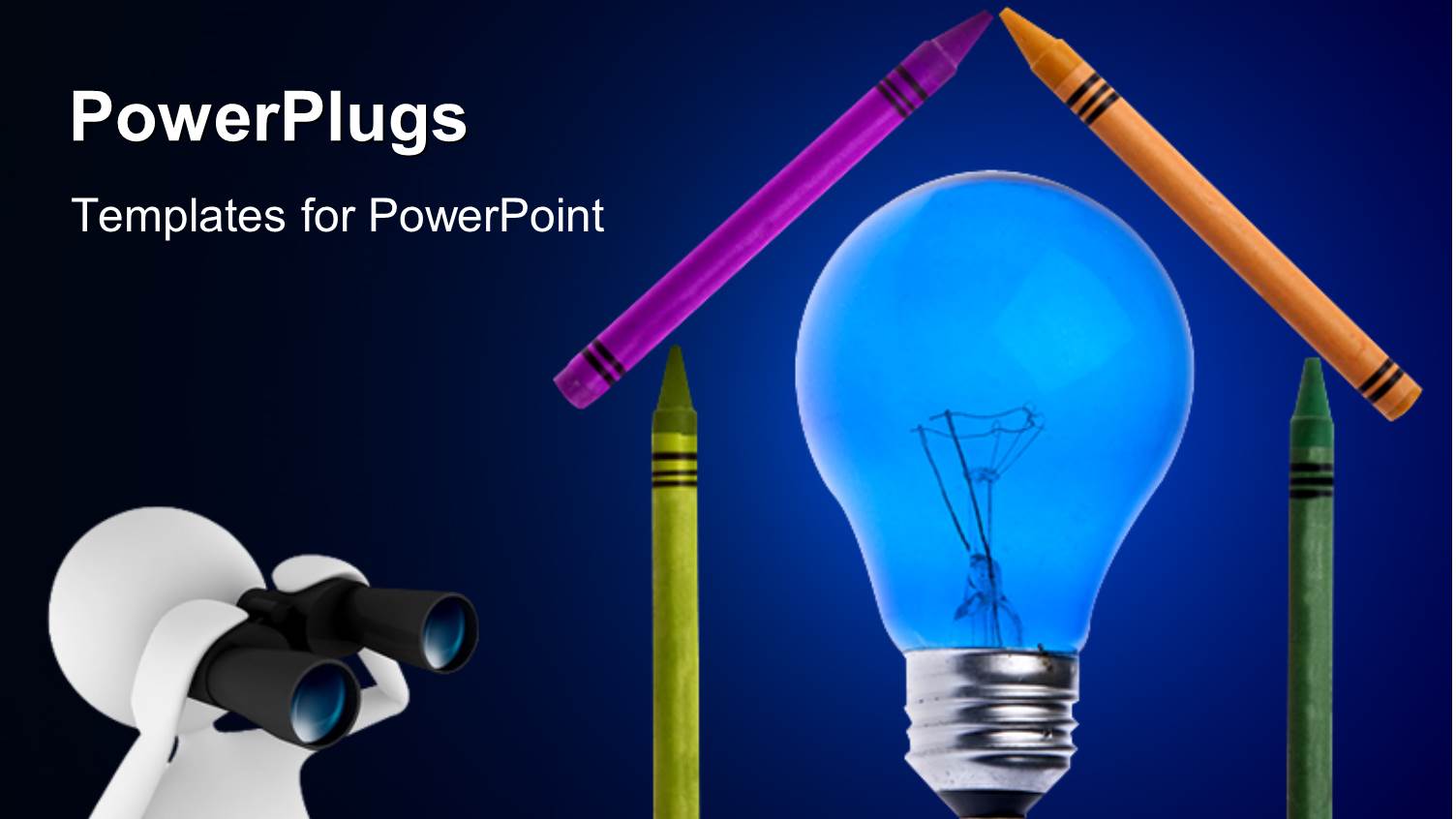 3D Man Looking Through Binoculars with Pencils Around Light Bulb