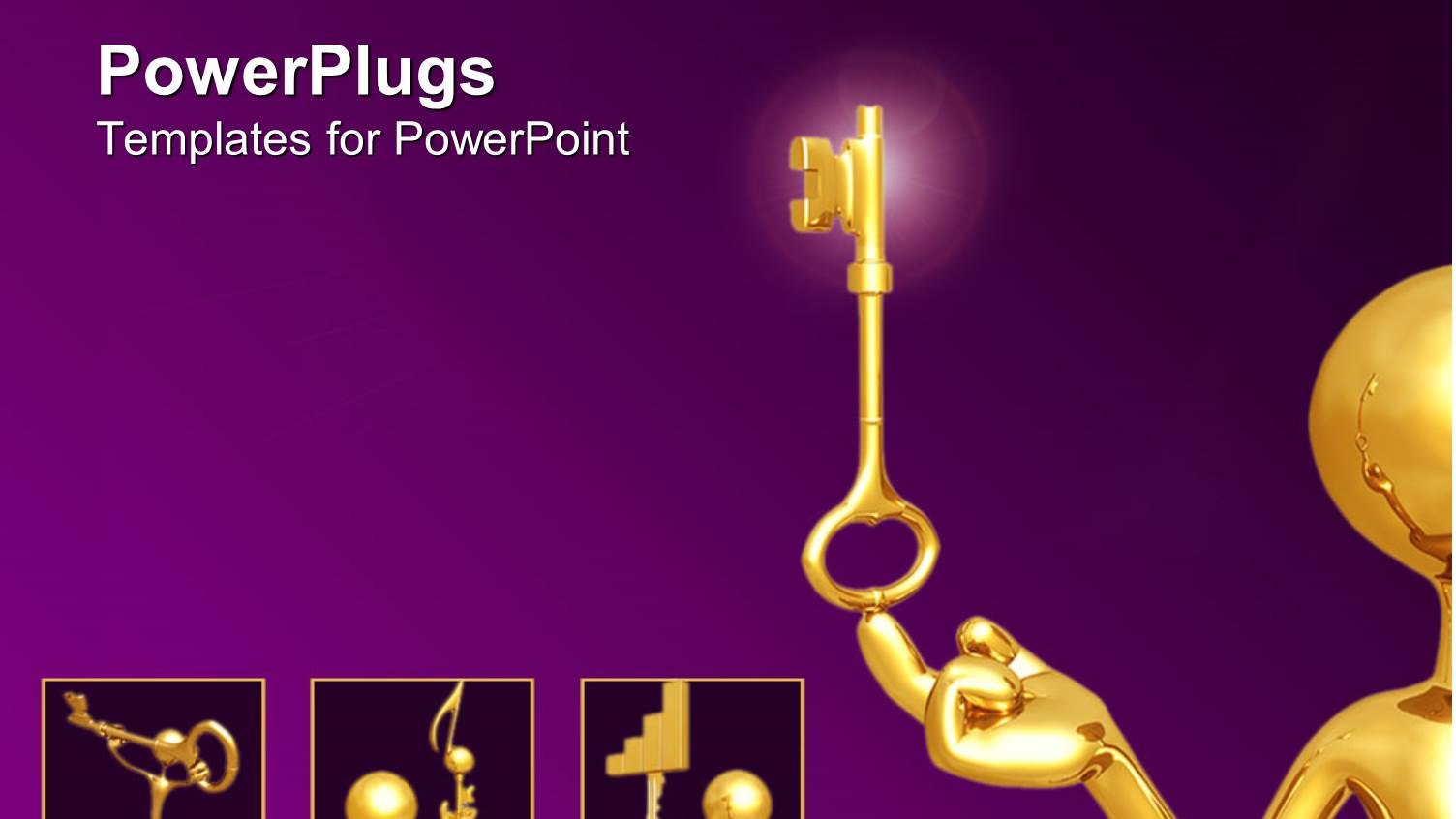 3D Man Plated in Gold Balancing Key in Head on Purple Background