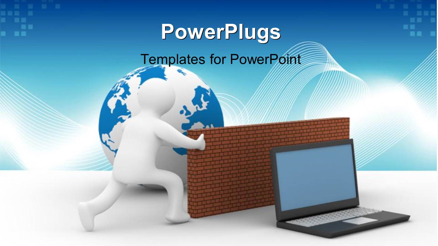 3D Man Pushing Earth Globe and Brick Wall with Laptop on White Background 