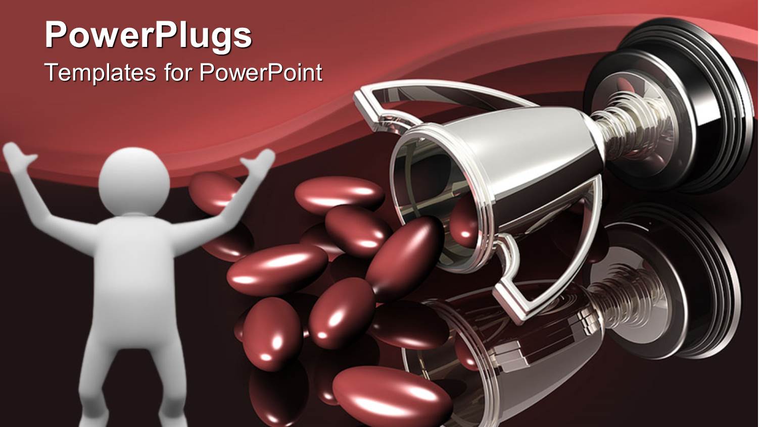 3D Man Raise Hands and Red Beans Spilling Out of Silver Trophy