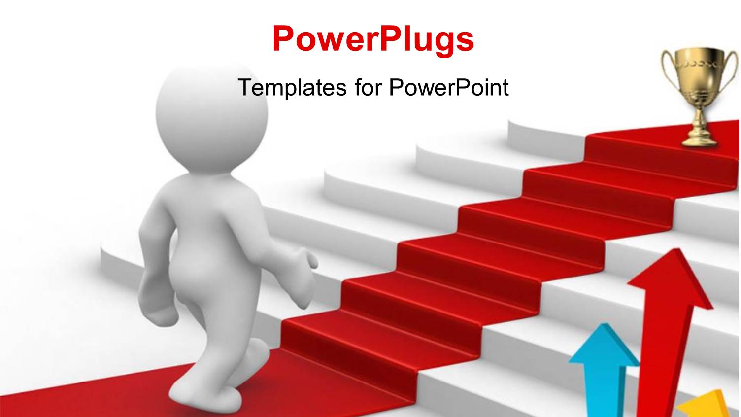 3D Man on Red Carpet Climbing Stairs Toward Gold Trophy 