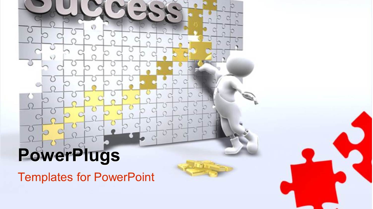 3D Man Solving Success Jigsaw Puzzle with Red, Gold and White Pieces