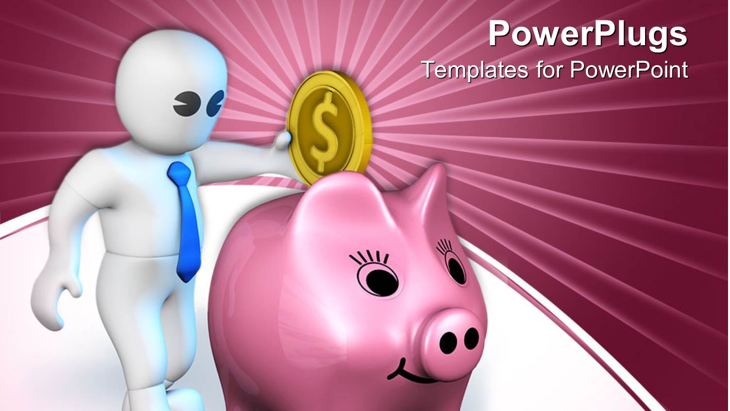 3D Man in White Drops Gold Coin in Purple Piggy Bank