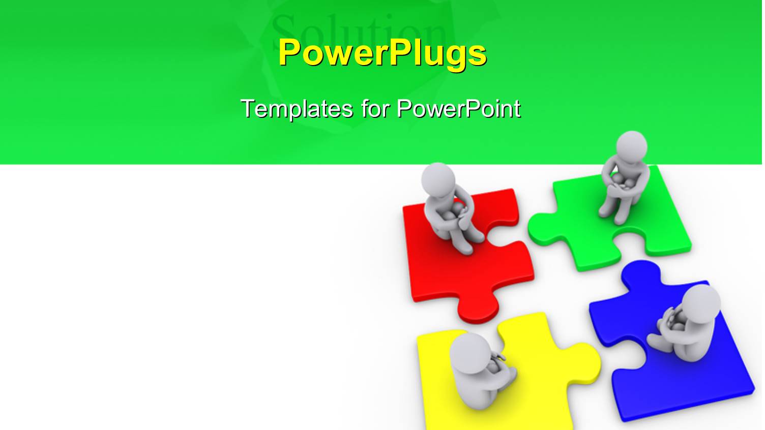 3D Men Sitting on Jigsaw Puzzle Pieces Over Green and White Background