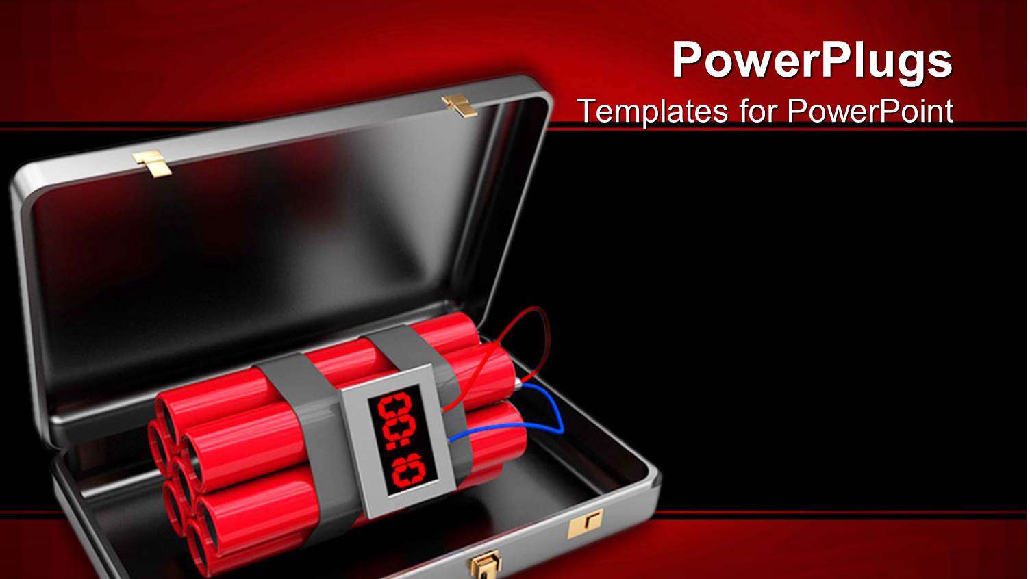 3D Open Suitcase with Dynamite Bomb Inside it on Black and Red Background