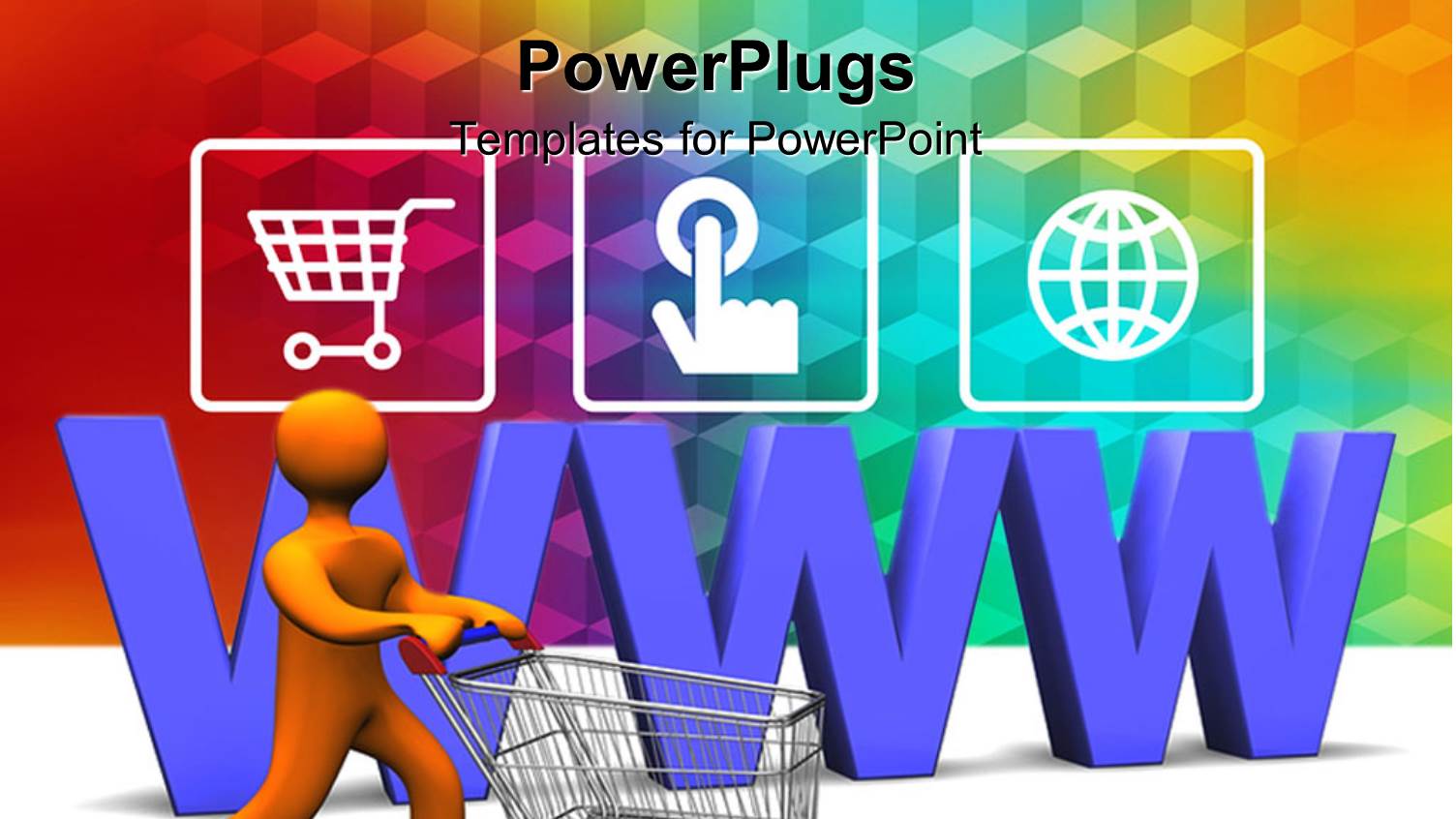 3D Orange Figure Driving a Shopping Cart with Purple Www Letters in the Back and Three Depictions of Online Shopping on