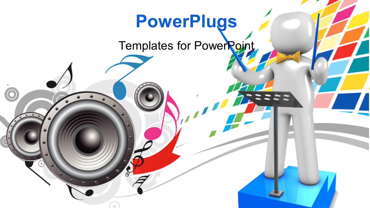 3D Orchestra Conductor Stands on Blue Podium with Speakers and Music Symbols 