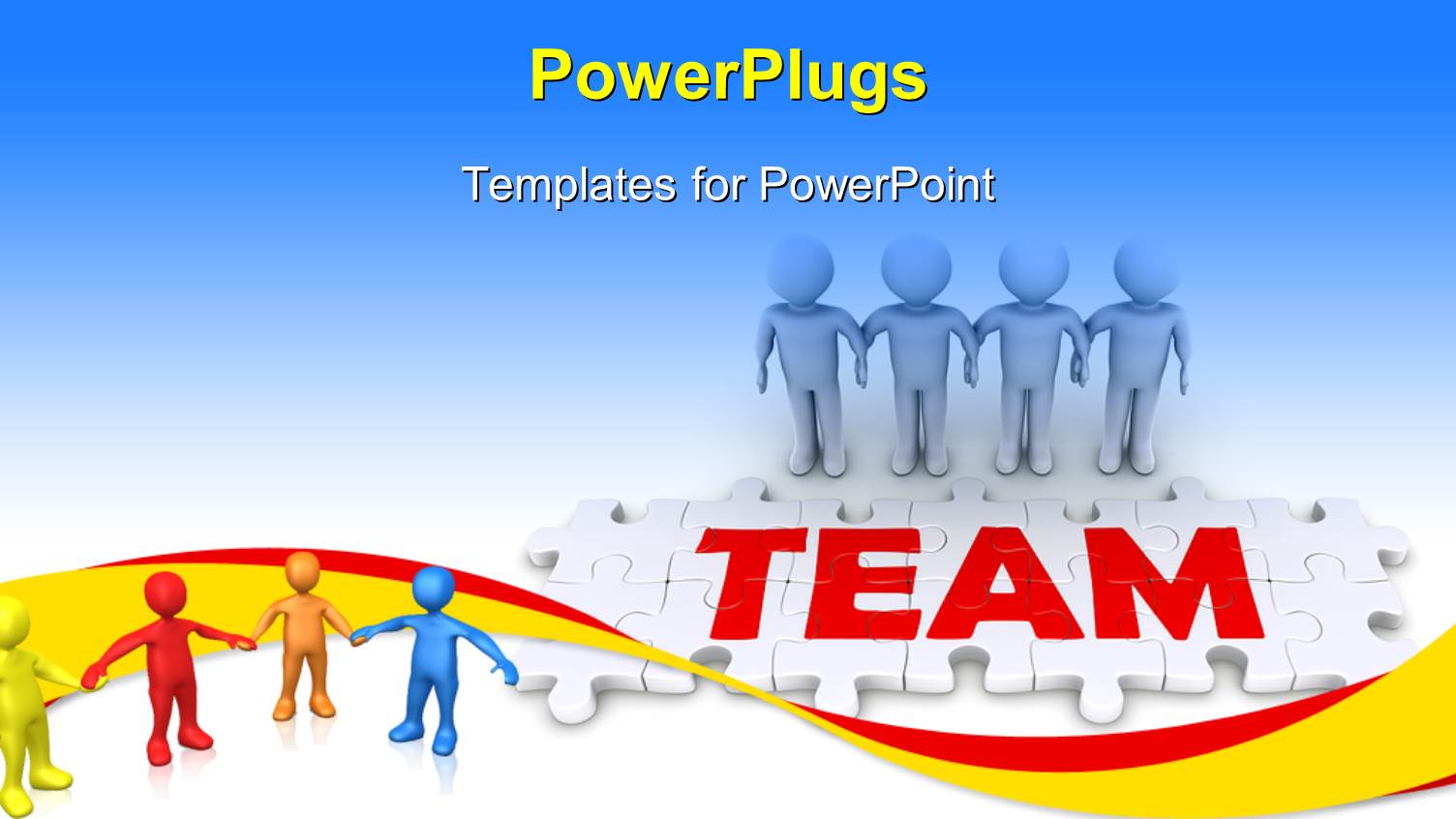 3D People Holding Hands and Puzzle Pieces Spelling the Word Team with Blue Color