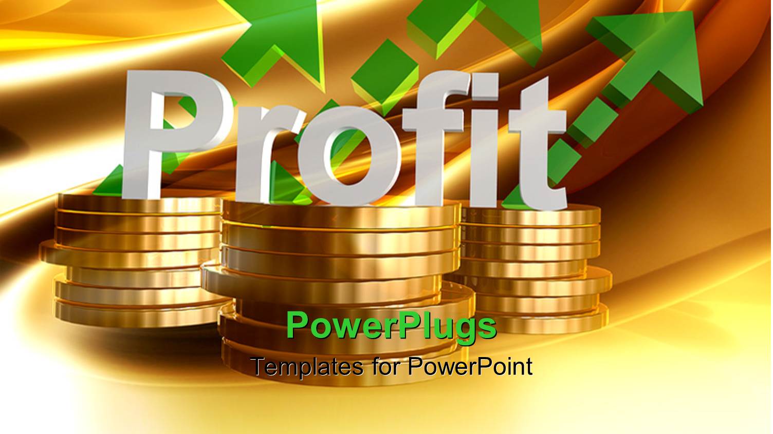 3D Profit and Gain Icon Words Placed Over Pile of Coins and Green Arrows Pointing Upwards with Golden Waves