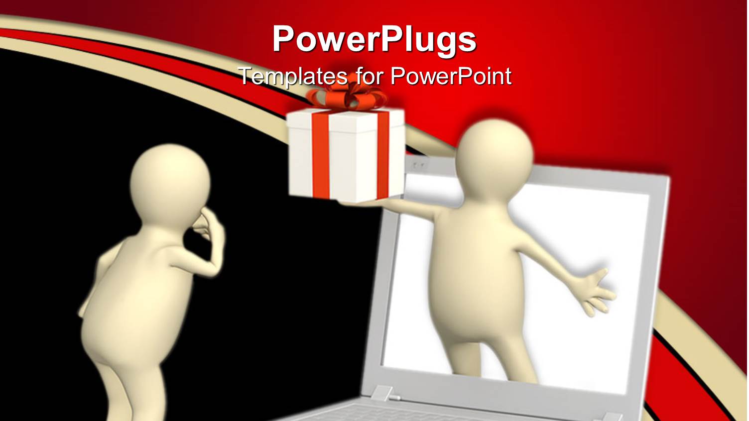 3D Man from Laptop Hands Gift Box Over Black Background