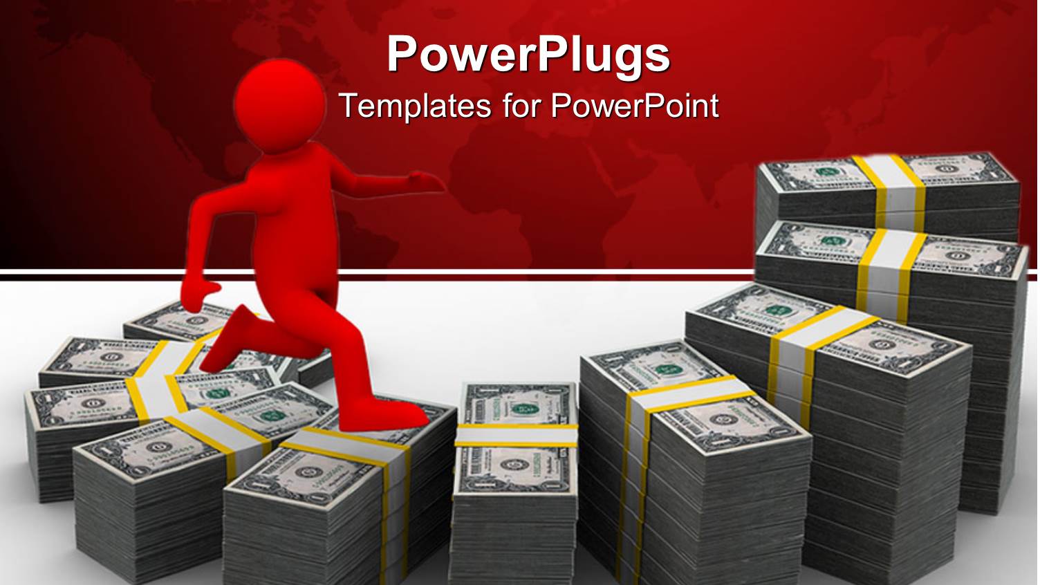 3D Red Figure Going Up a Stair Formed of Money Stacks