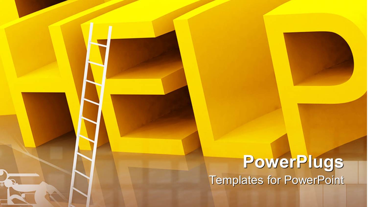 3D Rendering of Yellow Help Sign with Reflection and White Ladder