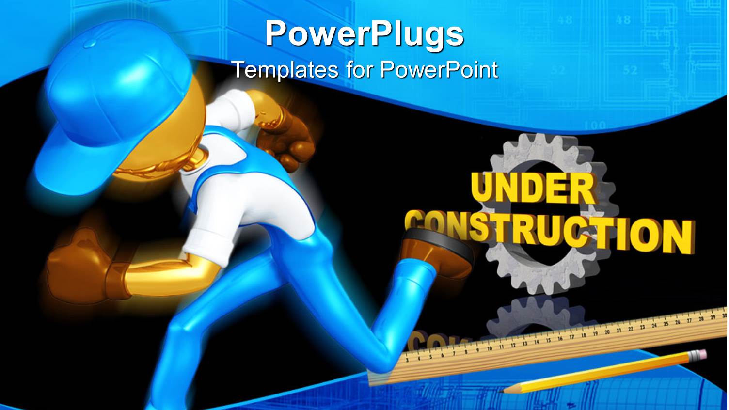 3D Running Figure with Gear, Ruler, Pencil and Blueprints with Yellow Under Construction Words