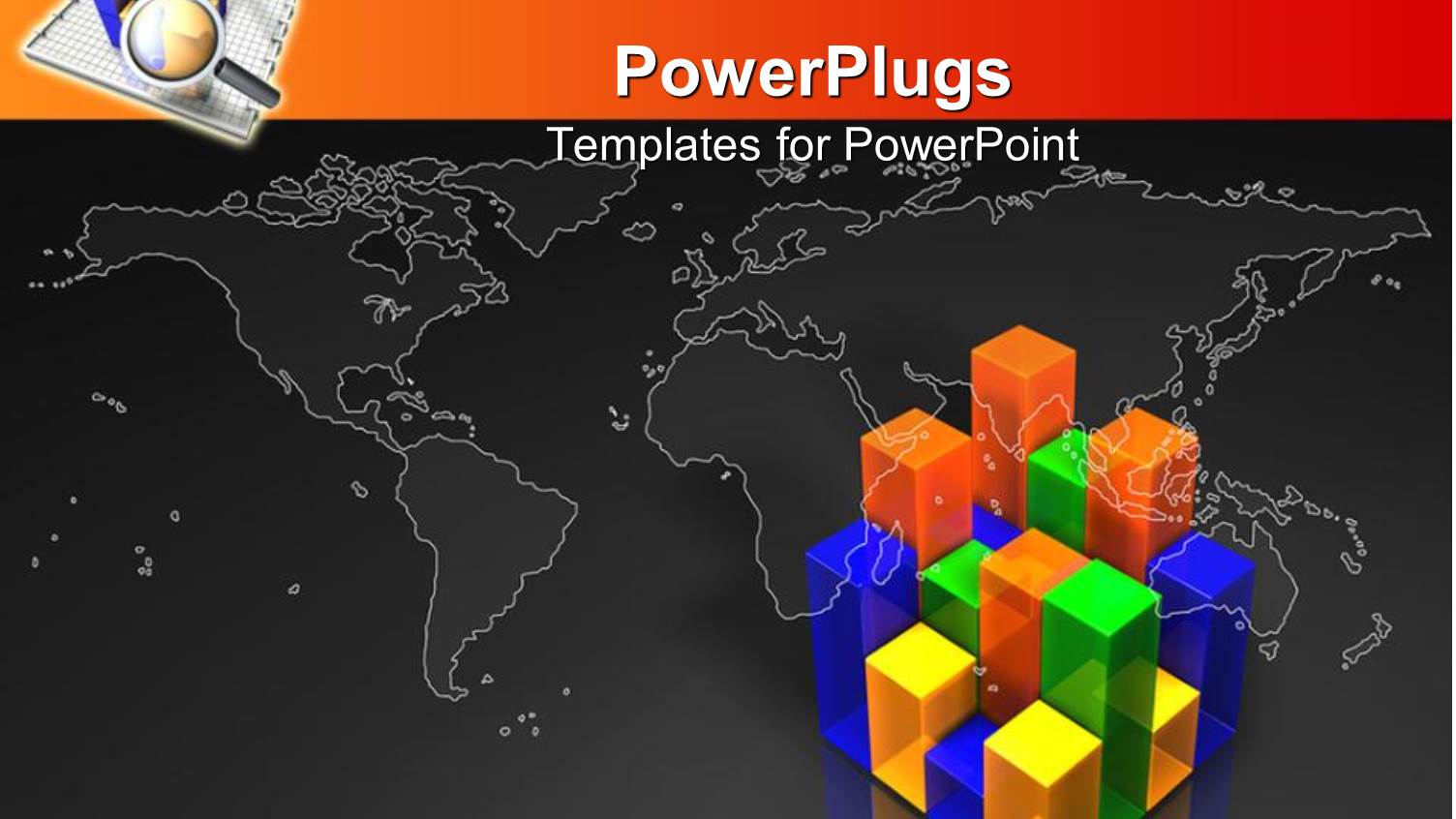 3D Segment Bar Chart with Colorful Bars and Gray Map of World on Background