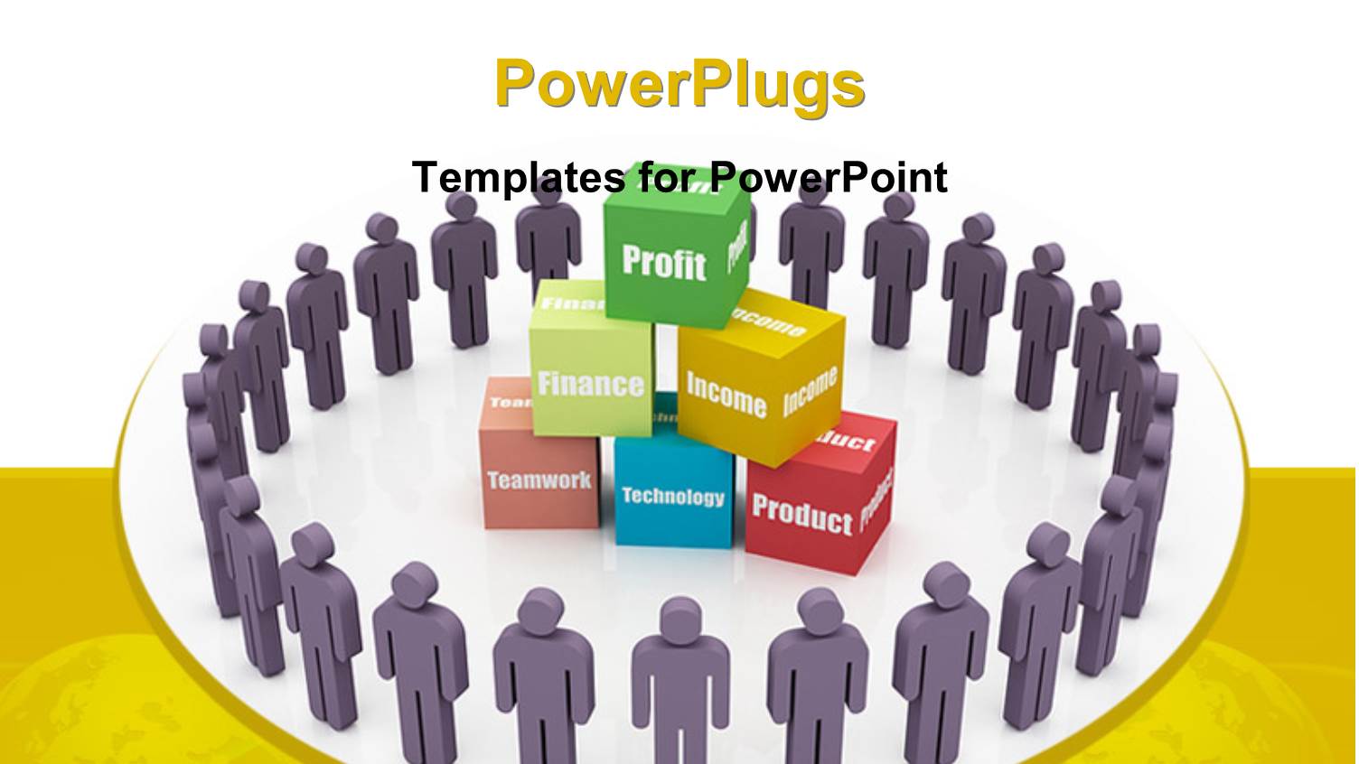 3D Team Member Form Circle Around Colored Boxes of Profit, Finance and Income