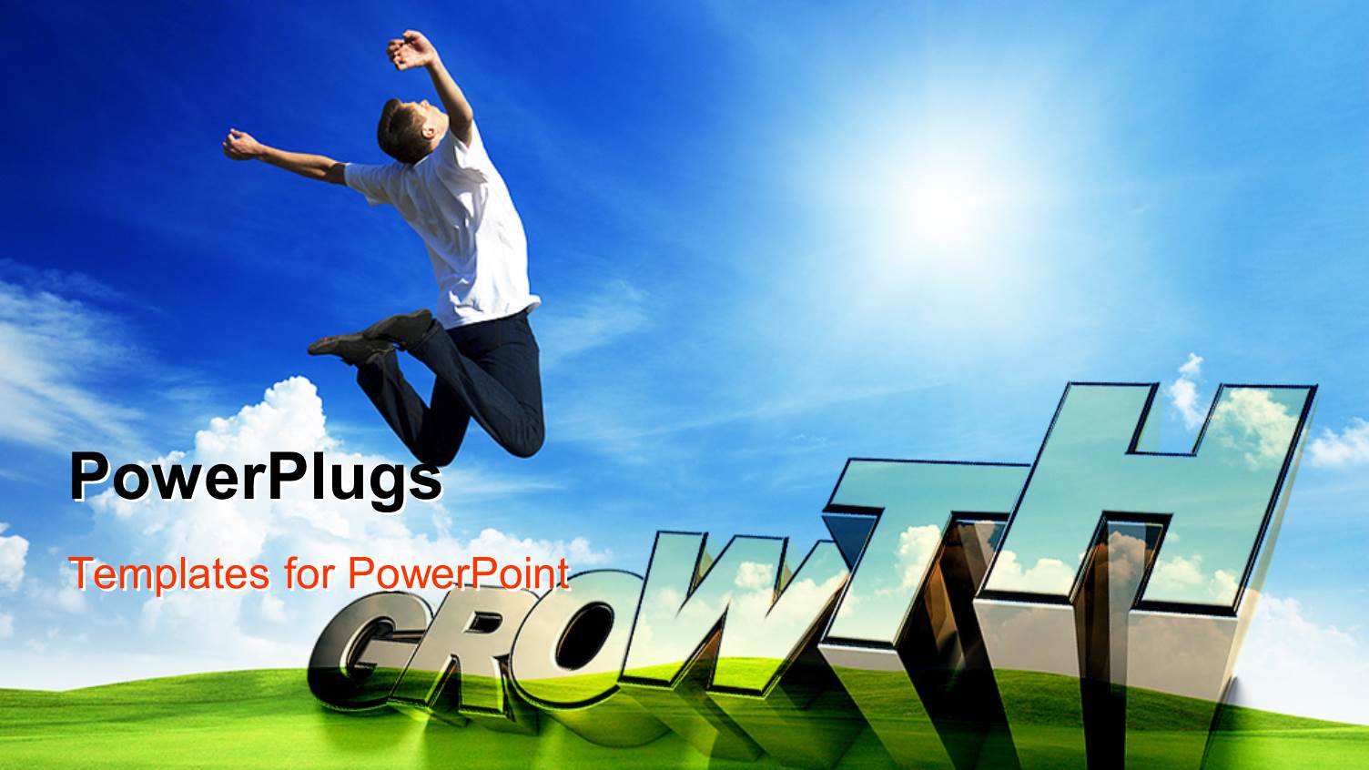 3D Text GROWTH, and Man Jumping with Hands Raised on Green Garden