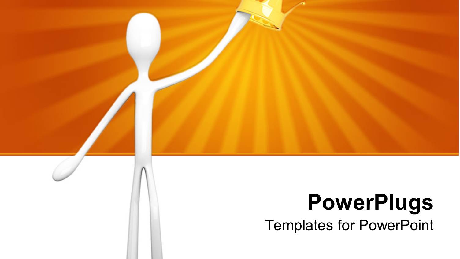 3D White Figure Holding Gold Crown in Raised Hand with Sun Rays on Orange and White Background
