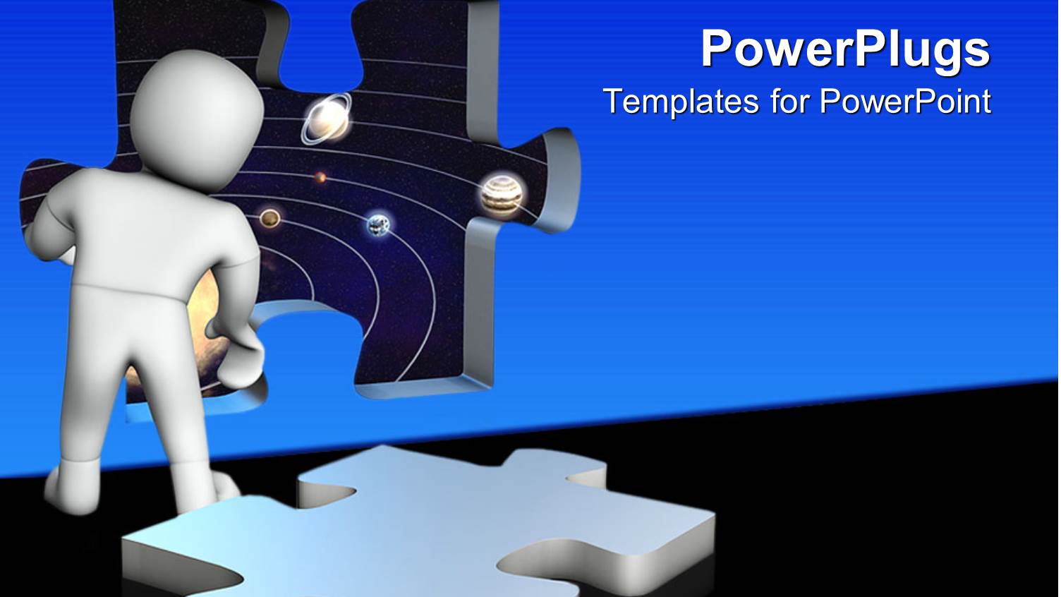 3D White Figure Looking Through Missing Puzzle Piece Window into the Space with Planets on Orbit and Puzzle Piece on