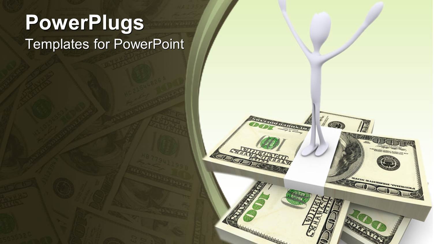 3D White Figure with Raised Hands Standing on Stacks of Money Bills