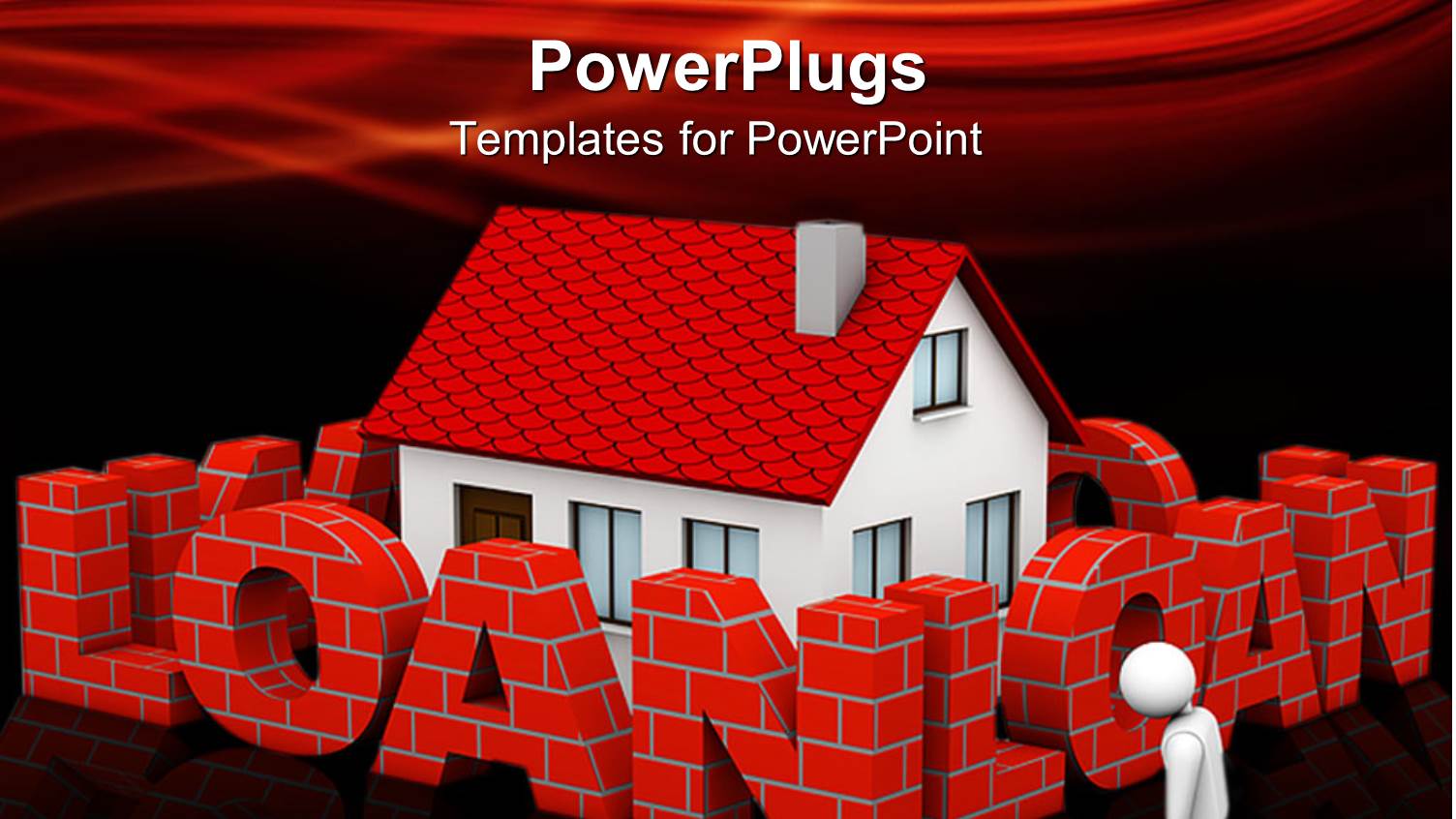 3D White Figure Standing Sad in Front of New Home Surrounded by Word Loan Made of Bricks