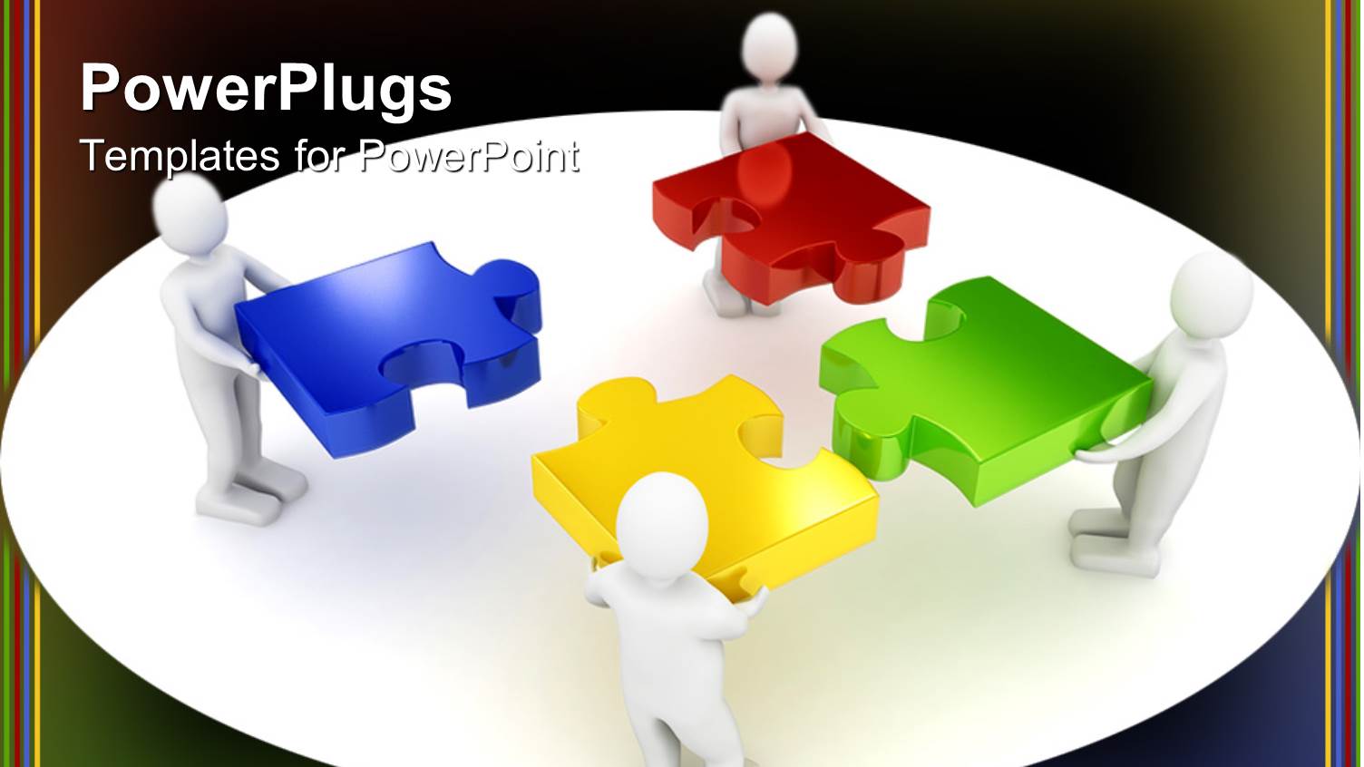 3D White Figures Holding Blue, Red, Green and Yellow Jigsaw Puzzle Pieces Trying to Complete Puzzle