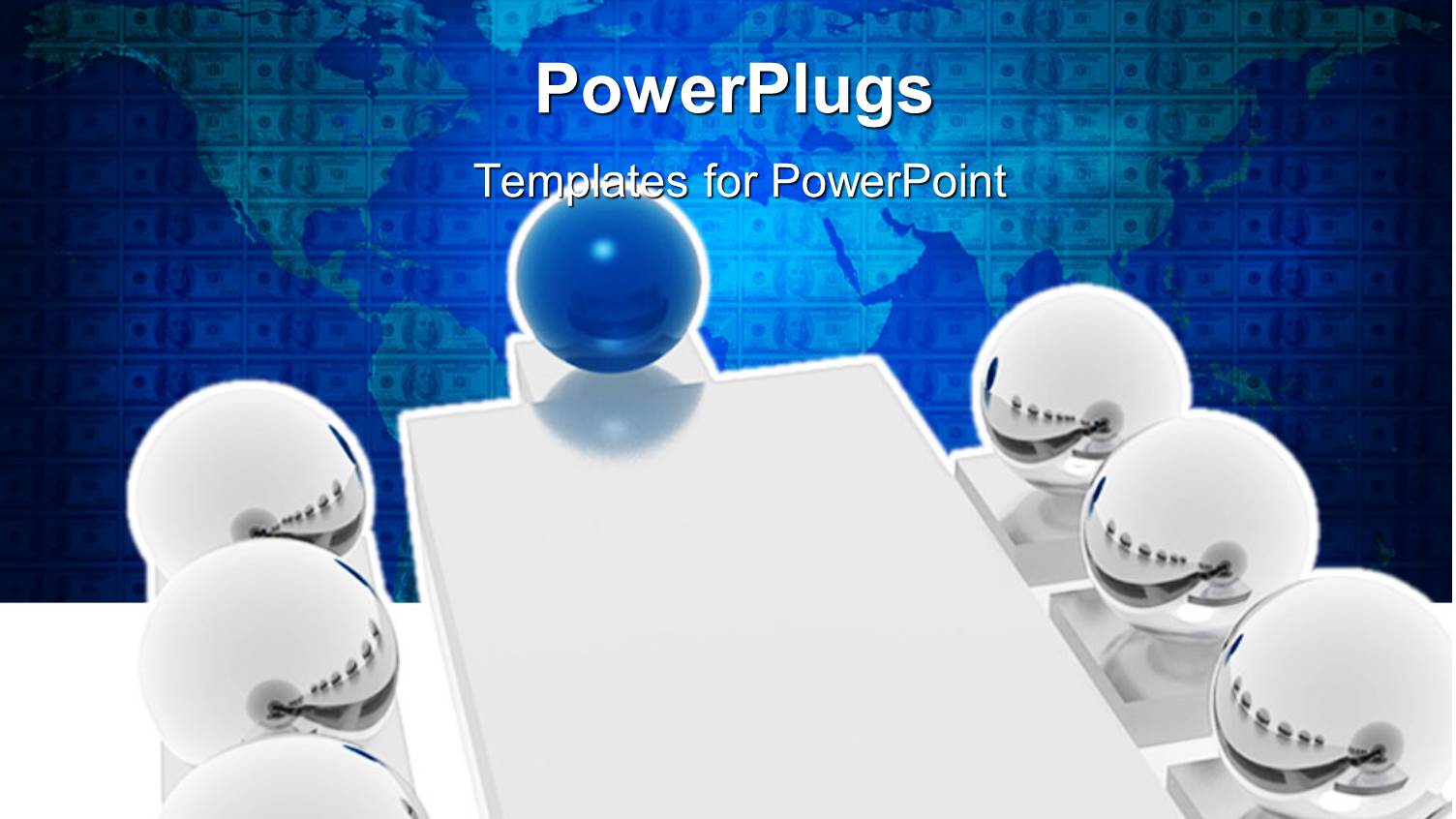 3D White Figures and One Glowing Head Figure Sitting Around a Business Meeting Table with the Map of World in the