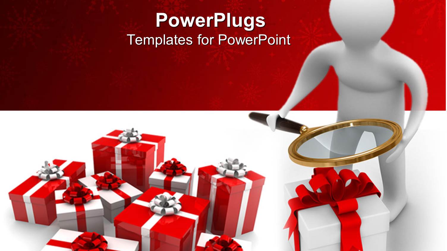 3D White Man with Magnifying Glass Over Gift Packs with Ribbons