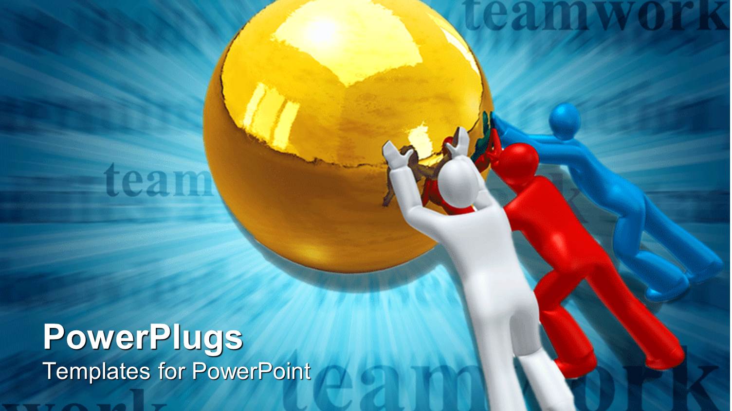 3D White Red and Blue Figures Pushing Together a Golden Sphere Teamwork Word on Blue Background