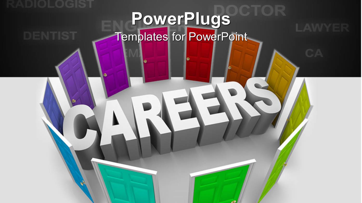 3D White Word Careers Surrounded by Rainbow Colored Shut Doors and Career Related Words on Gray Background