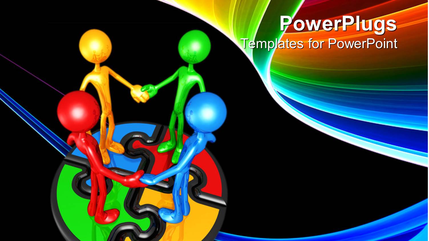 3D Yellow, Green, Blue and Red Figures Standing on Puzzle and Holding Hands