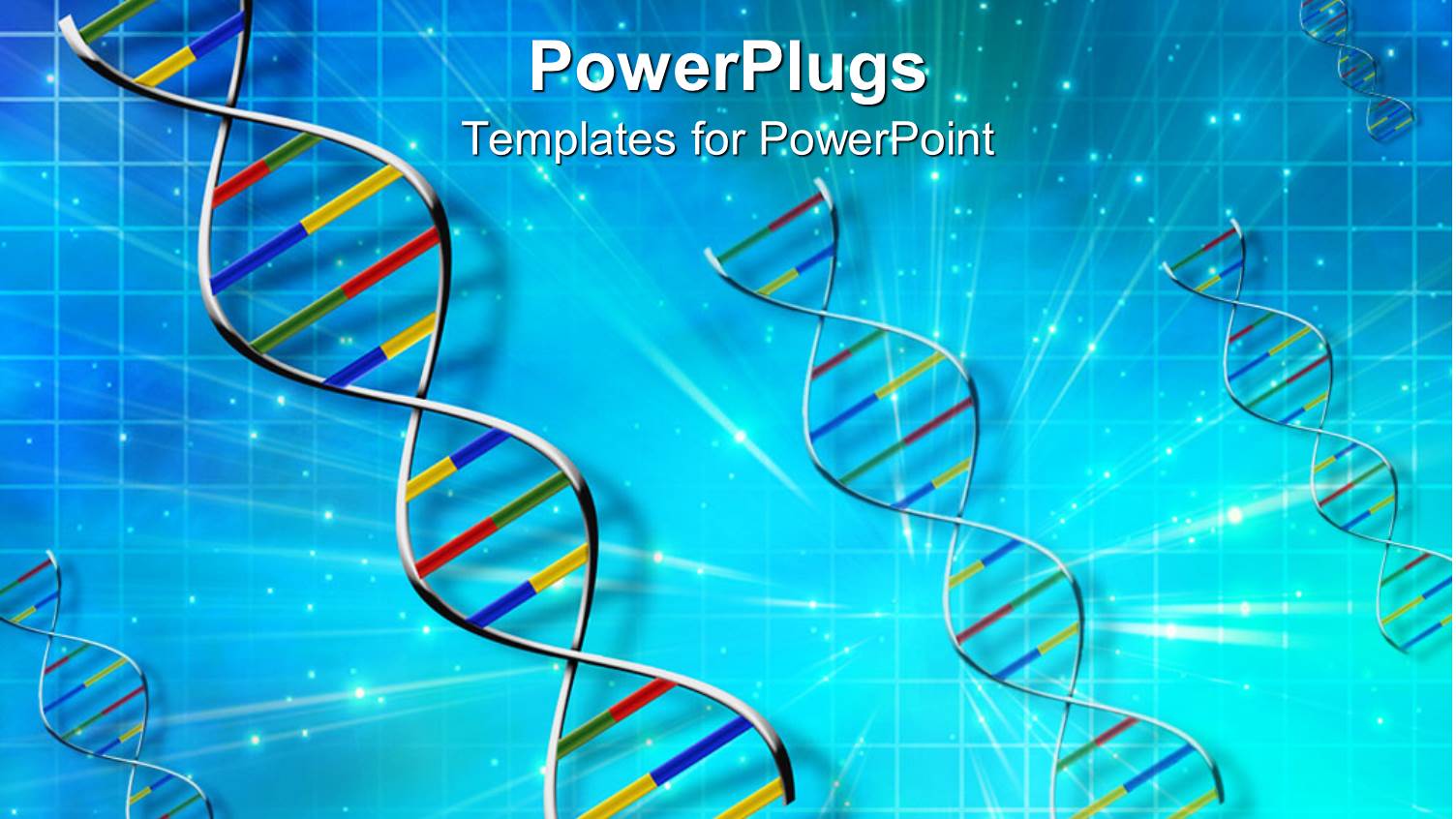 4 Strands of DNA in Primary Colors on Light Burst and Grid Blue Background