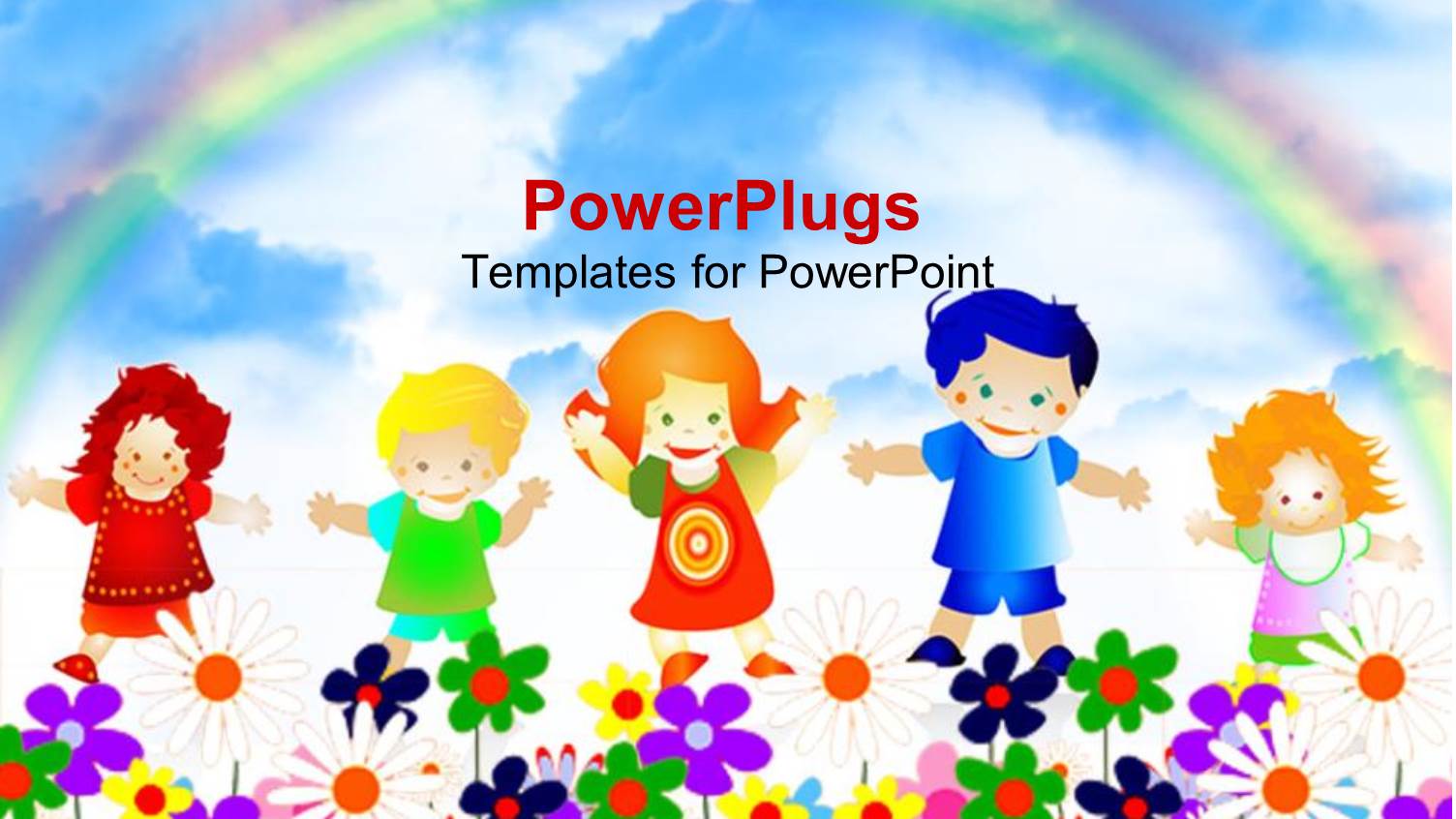 5 Kids Playing Happily in a Garden Full of Flowers with a Rainbow in the Background