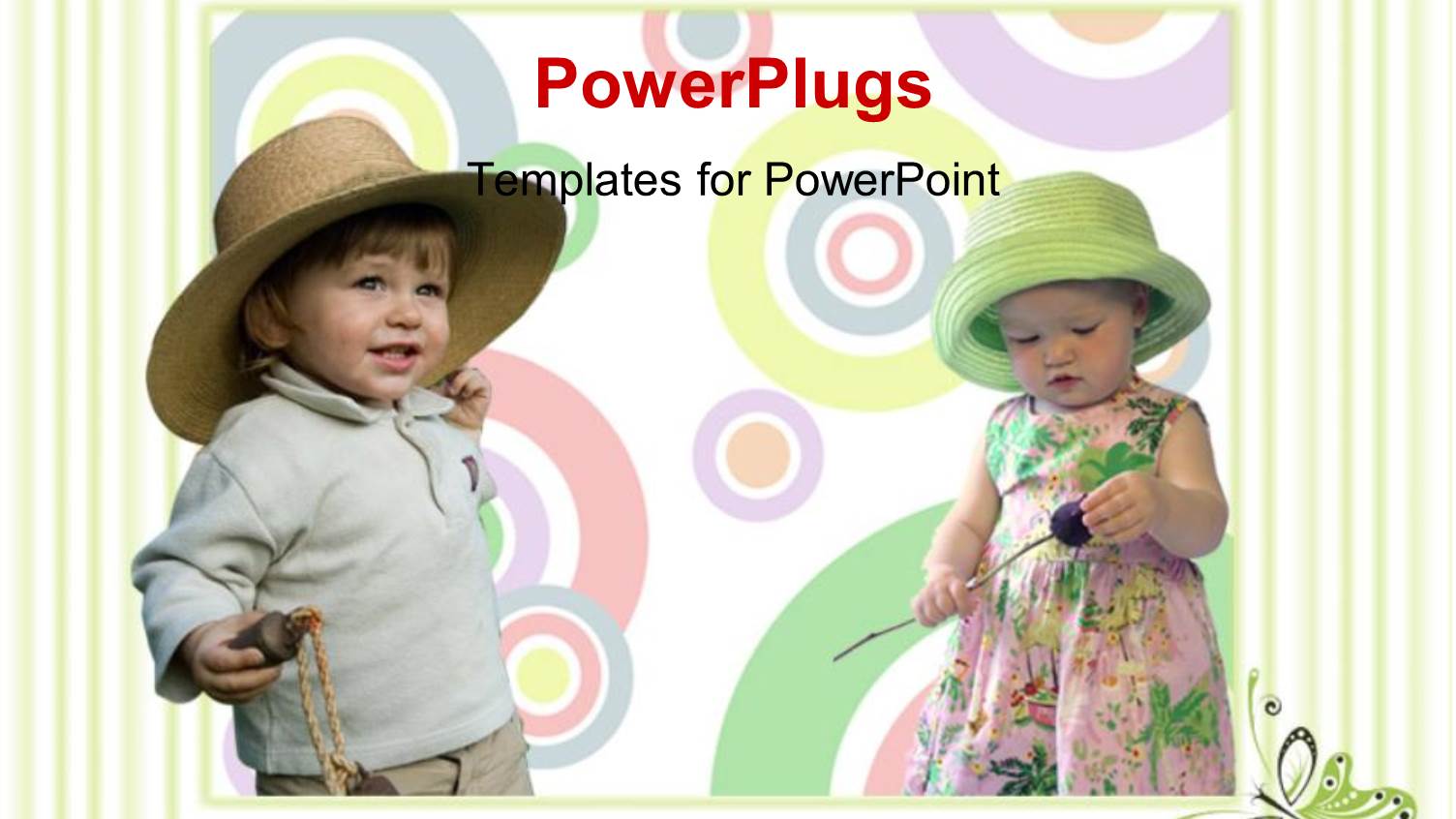 Abstract Background of Circles and Green Frame with Two Kids Having Fun