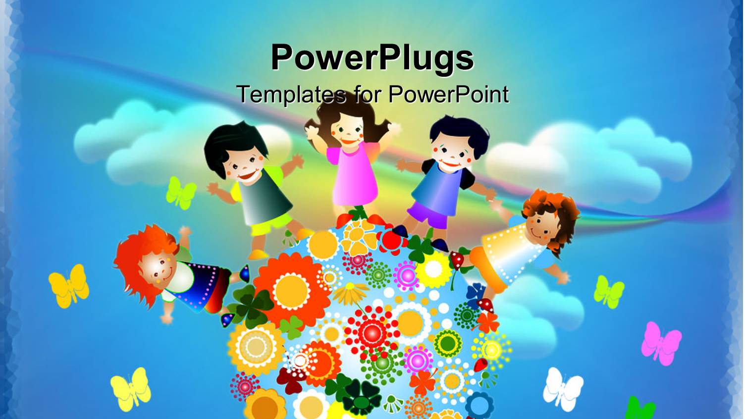 Abstract Cloudy Sky with little Kids and Butterflies