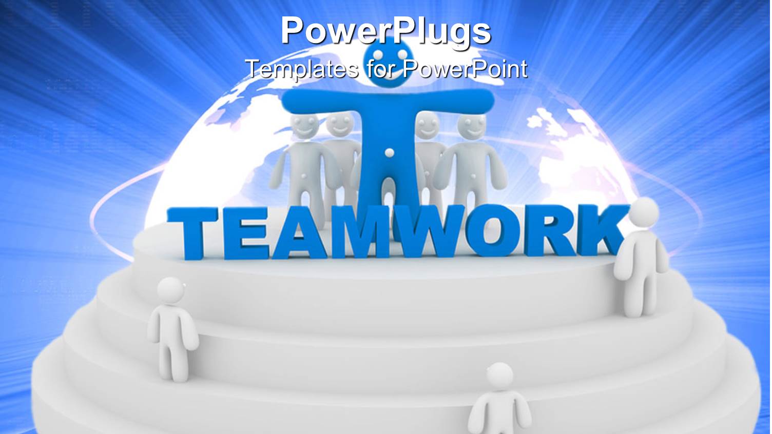 Abstract Depiction of Half Globe on Top of Circular Shaped Stairs with Three White Figures on Stairs and big Blue