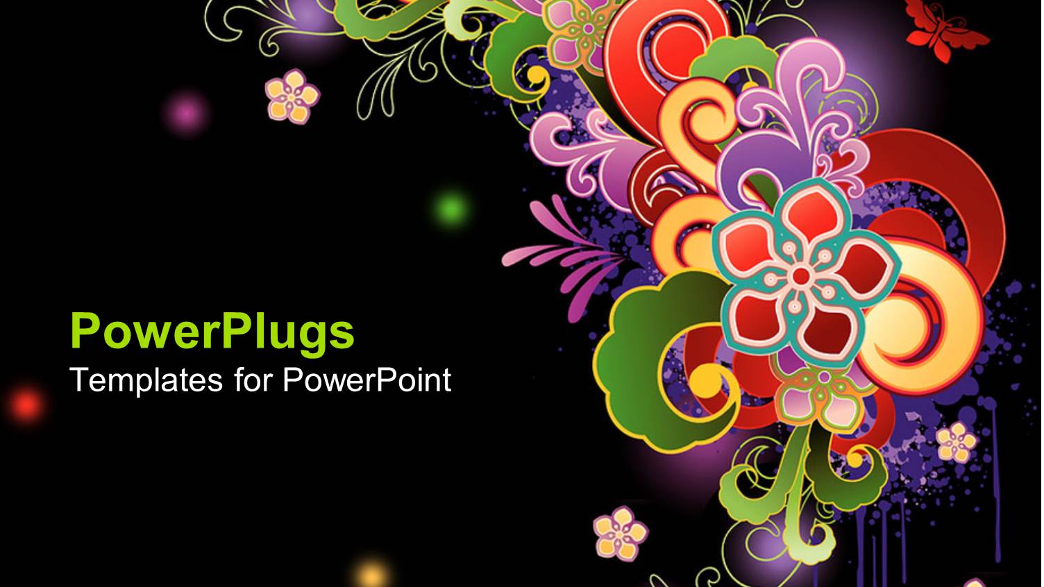 Abstract Floral Pattern with Various Colored Shapes and Glowing Colored Spots on a Black Background