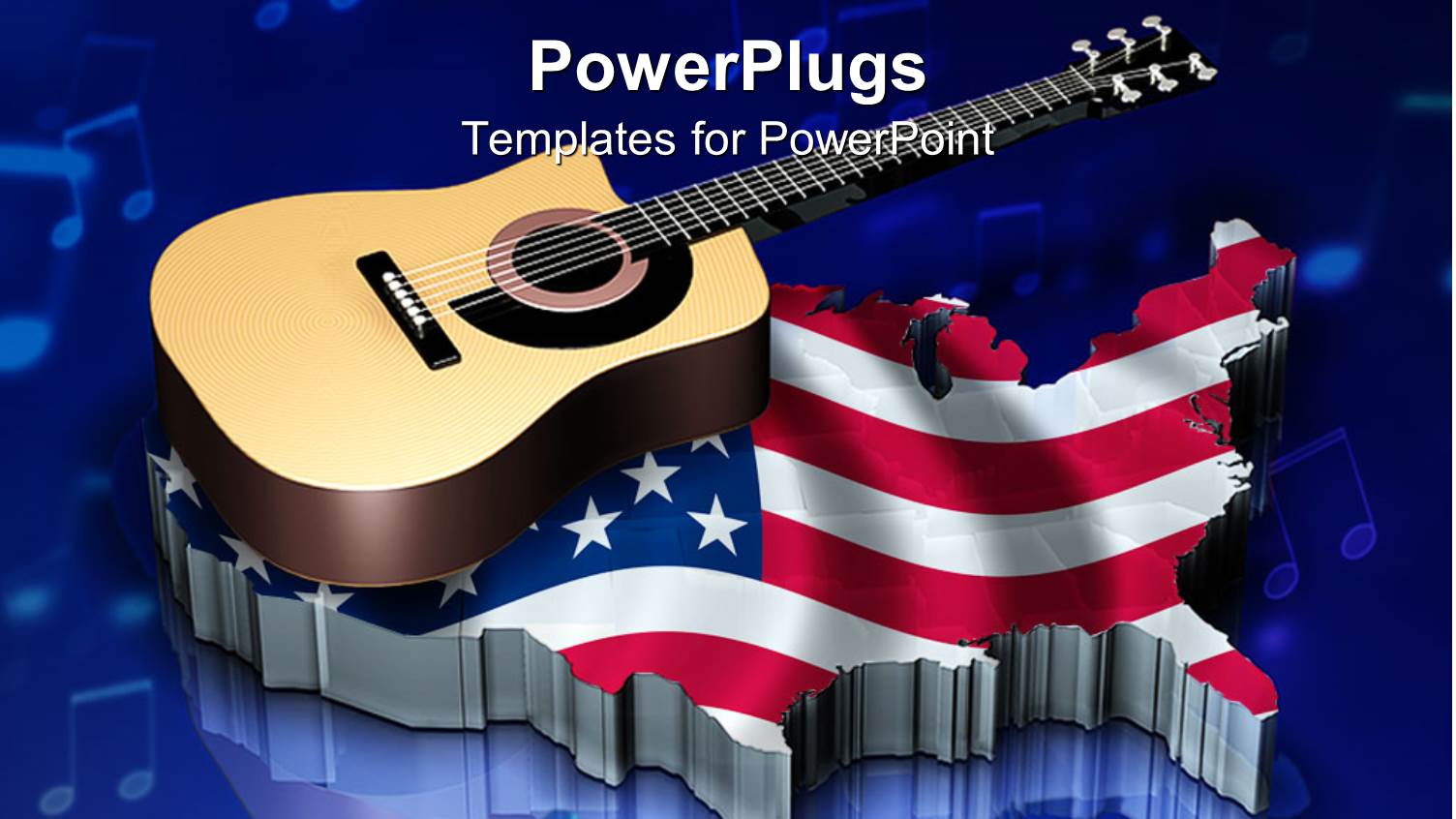 Acoustic Guitar on Top of USA Map with American Flag, Music Note Blue Background