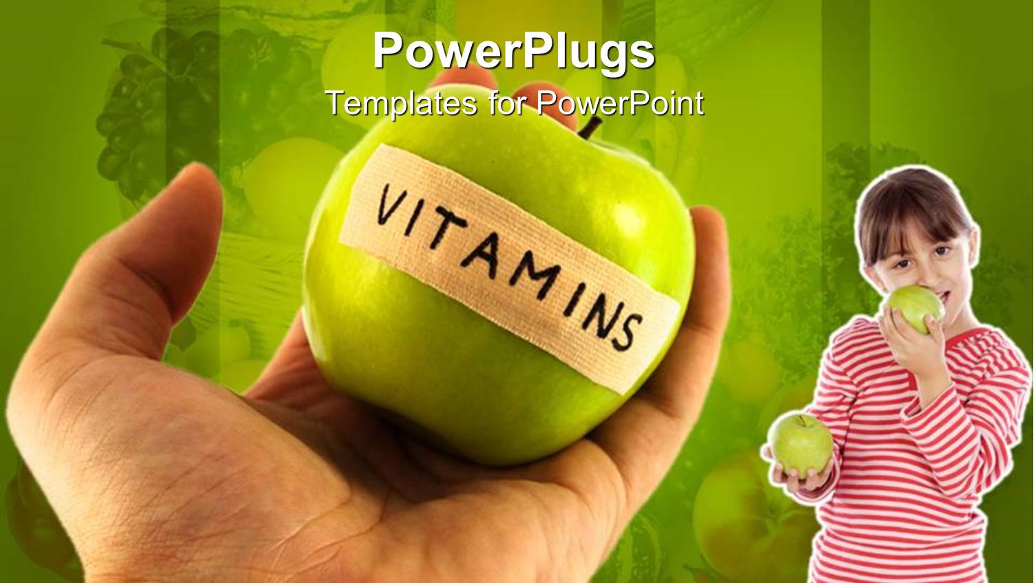 Adult Hand Holding Green Apple with Vitamins Word Written on Plaster and Girl Holding a Green Apple in One Hand and