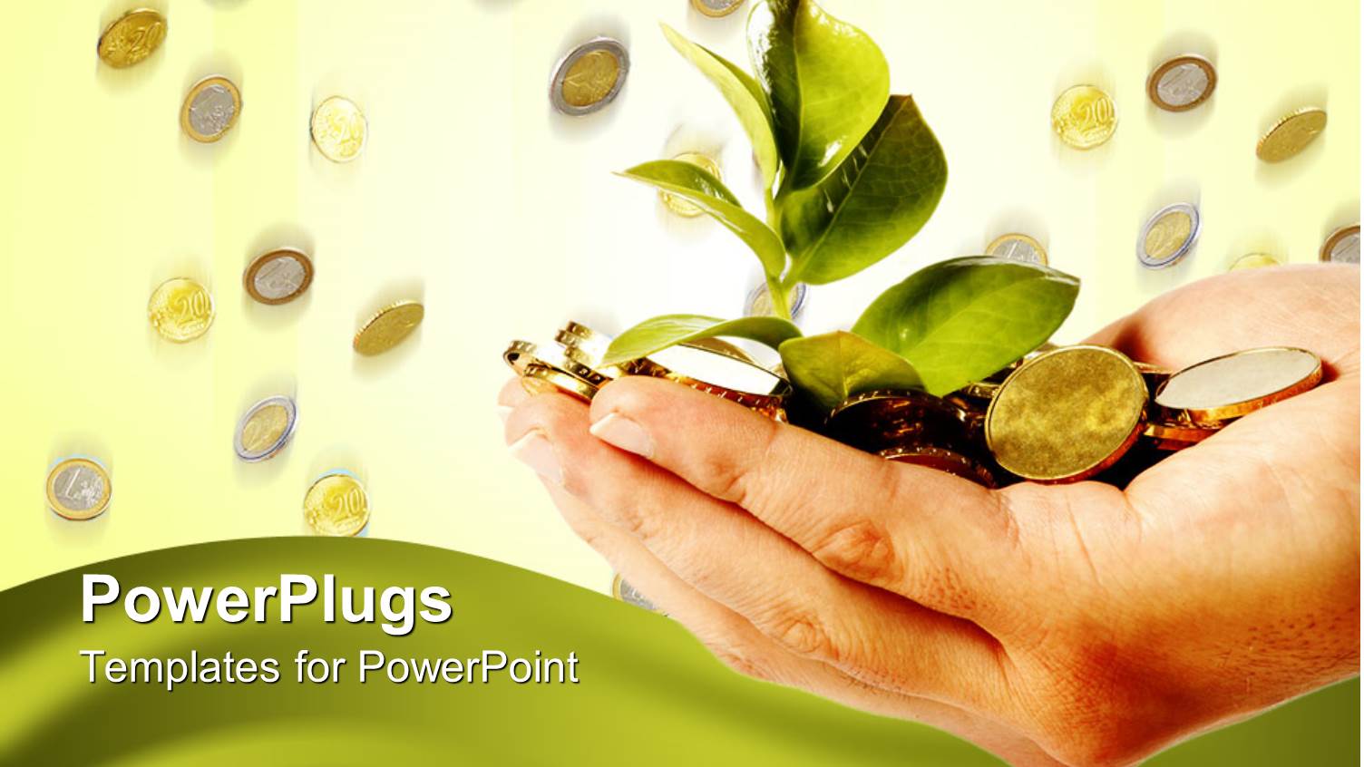 Adult Hand Holding a Plant Sprout with Gold Coins