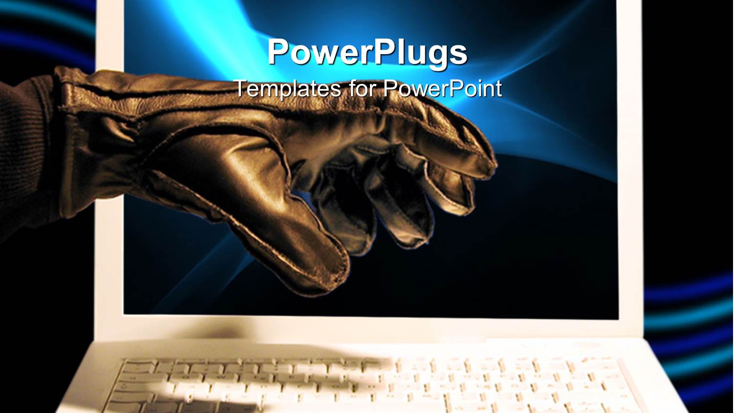 an Adult Hand Wearing Thick Black Gloves Hovering Over a White Laptop