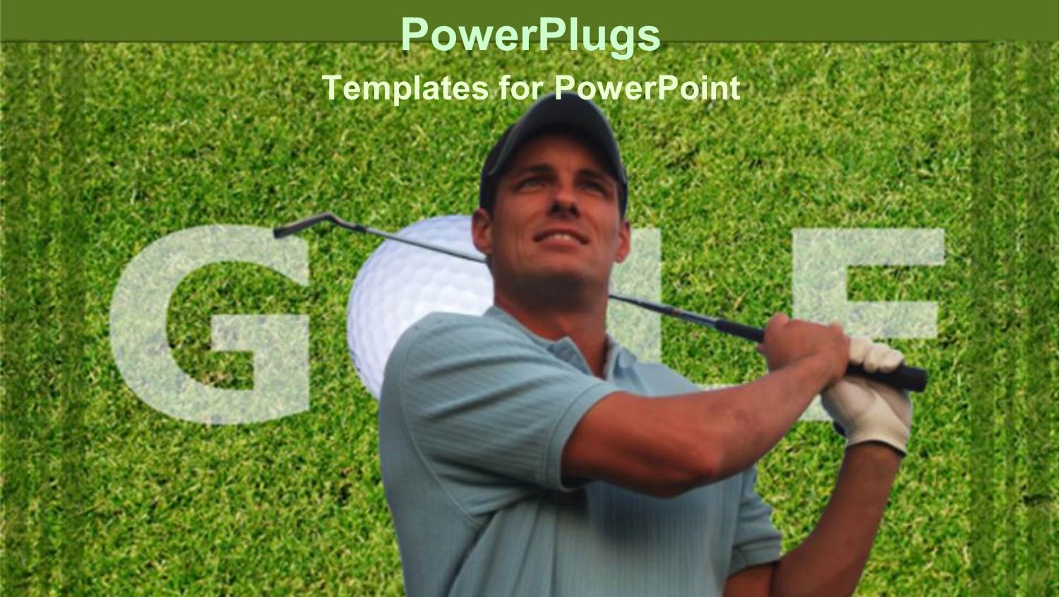 Adult Male Holding a Golf Stick with Golf Text Behind