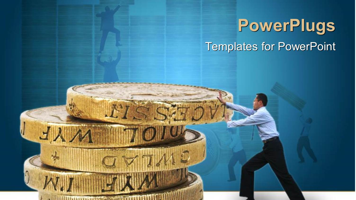 Adult Male Pushing large Stacked Up Coins on a Blue Background