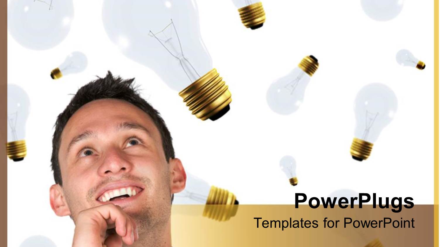 Adult Man Thinking and Smiling with Floating Light Bulbs