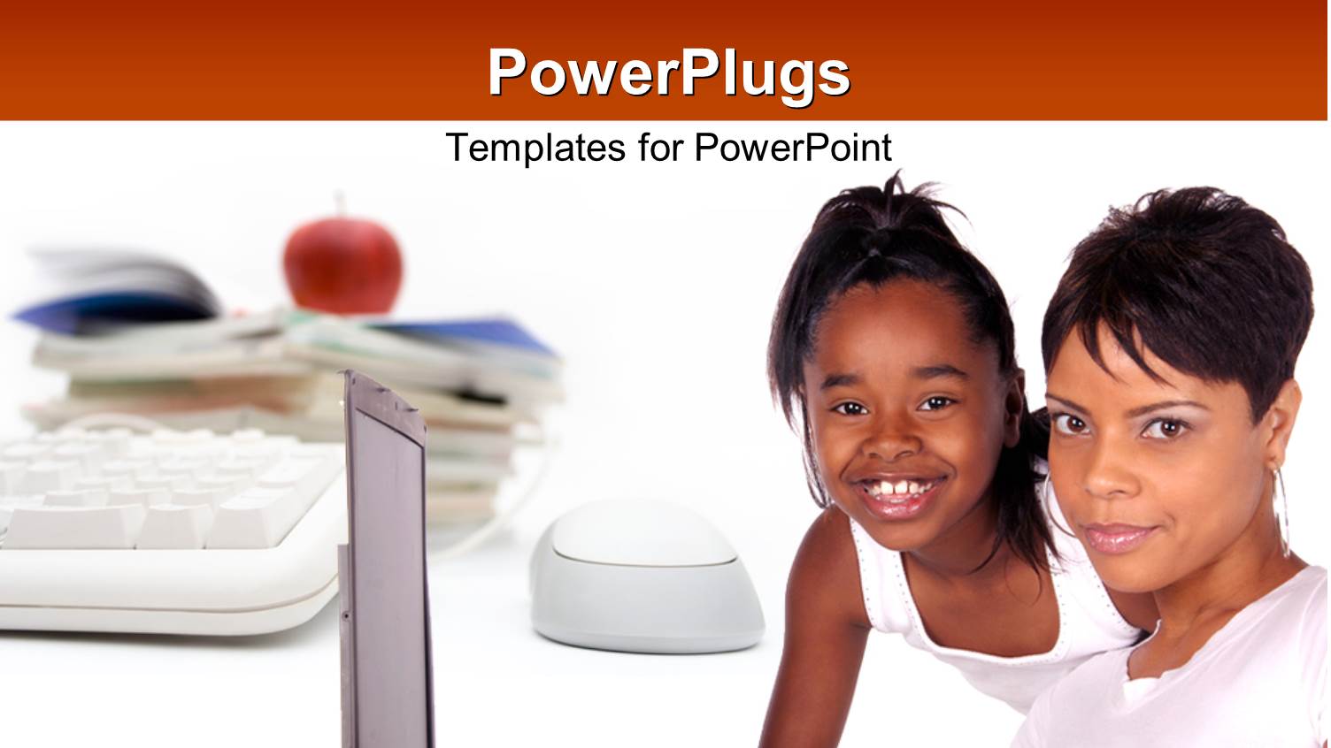 African American Mother with little Daughter Learning with Red Apple on Desk