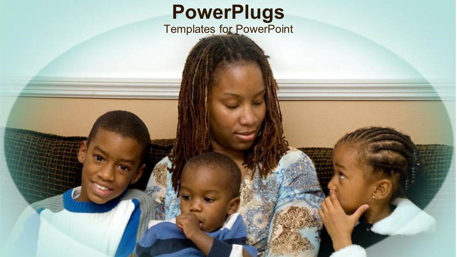 African American Mother with Three Kids Sitting on a Couch
