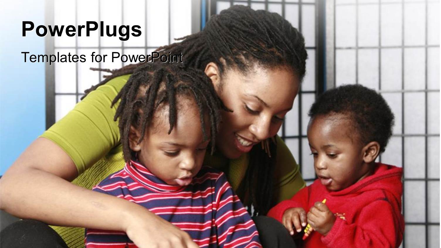 Afro-American Mother Playing with her Two Sons and Room
