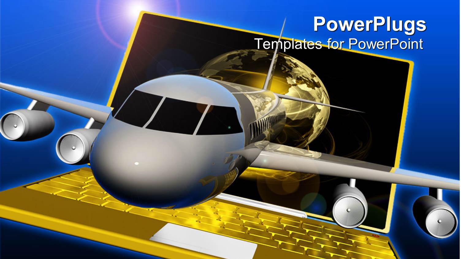 Airplane Flies Out of Laptop on Blue Background